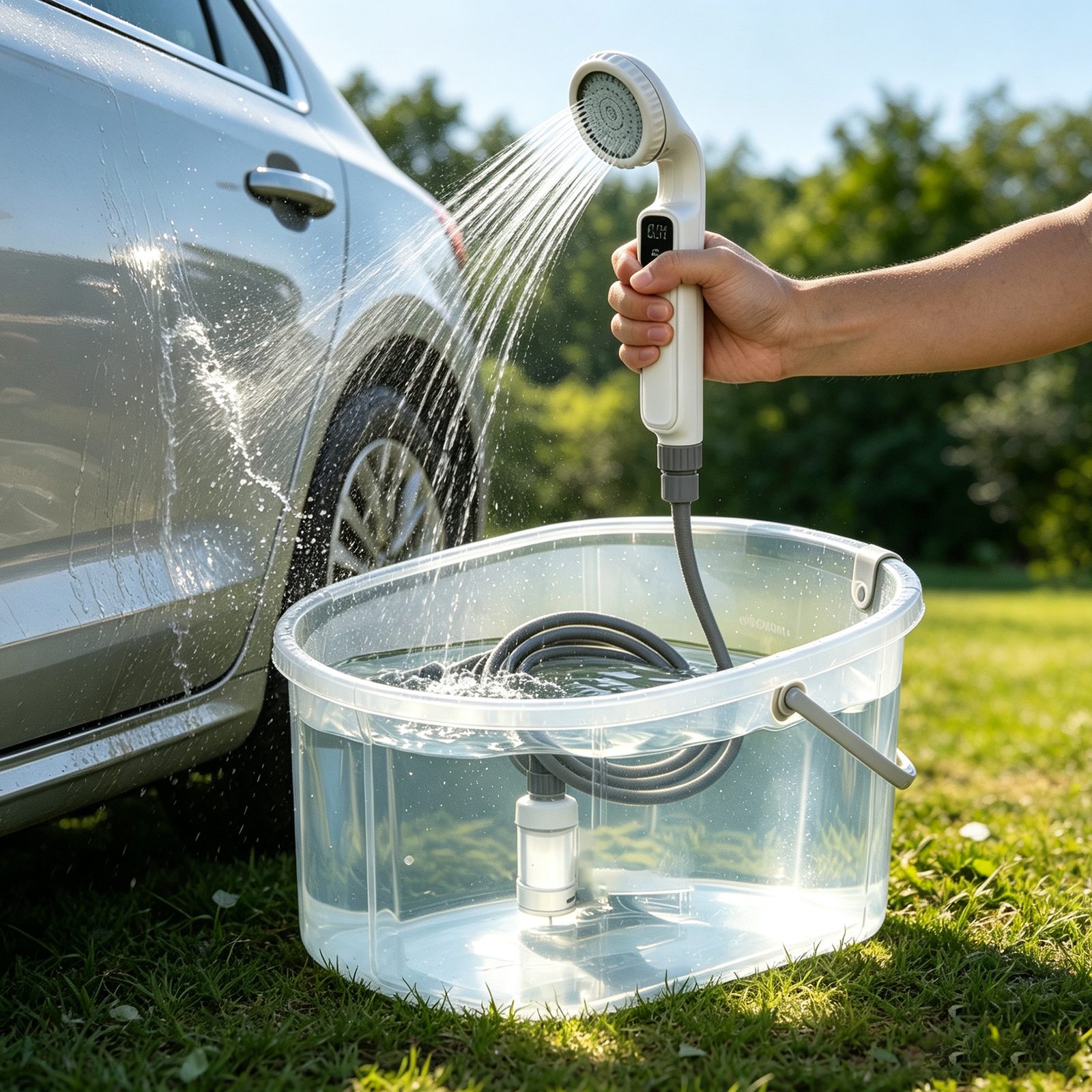 Portable shower used outdoors to wash a car
