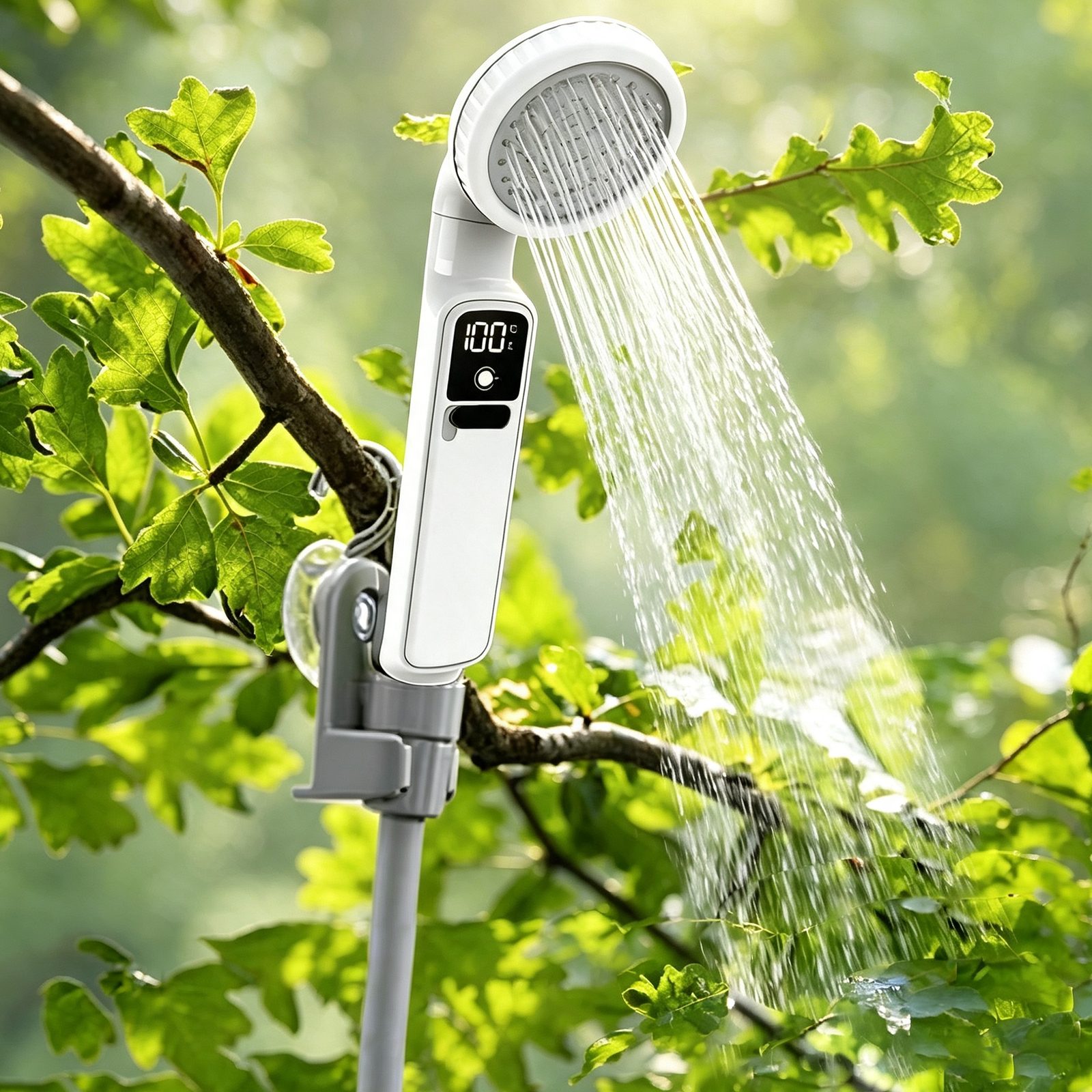 BeeHappy smart outdoor shower with temperature display on a tree branch